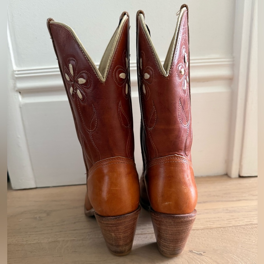 dingo Brown Two-Tone Embroidered Leather Heeled Cowboy Boots - Picture 3 of 10